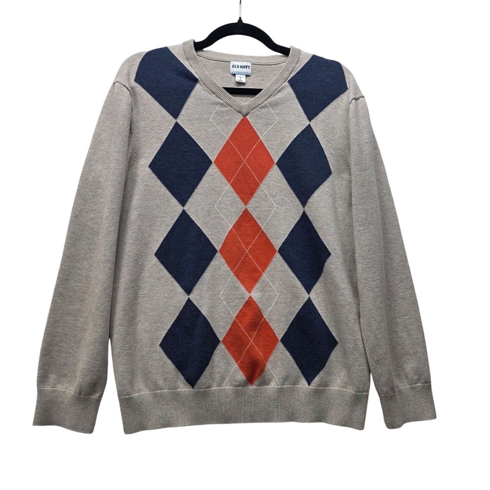 Old Navy Mens Argyle V-Neck Sweater Beige Navy Orange‎ Cotton L